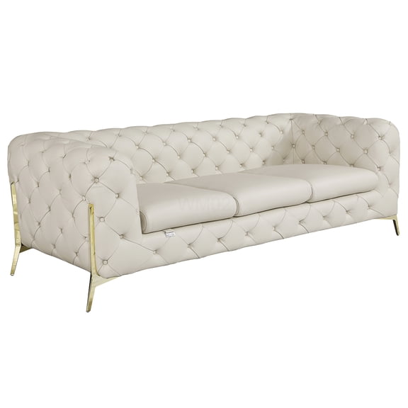 Beige Italian Leather Sofa, Top Grain Leather Couch with Chrome Legs