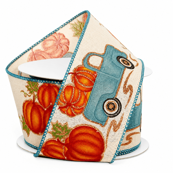 Blue Truck Pumpkin Wired Ribbon - 2 1/2" x 10 Yards, Fall, Halloween, Autumn Wreath, Bows, Party Decorations, Gift Basket, Thanksgiving, Fundraiser, Pumpkin Patch