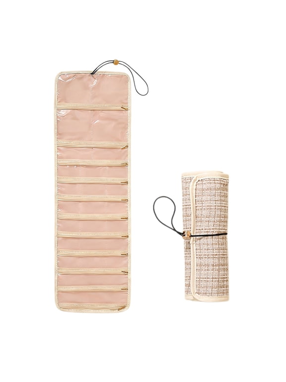 Beige Jewelry Storage Bag Large Capacity Roll-Up Hanging Organizer With Zippered Pockets Earring Slots Travel Jewelry Pouch For Earrings Necklaces Bracelets Beige Plaid