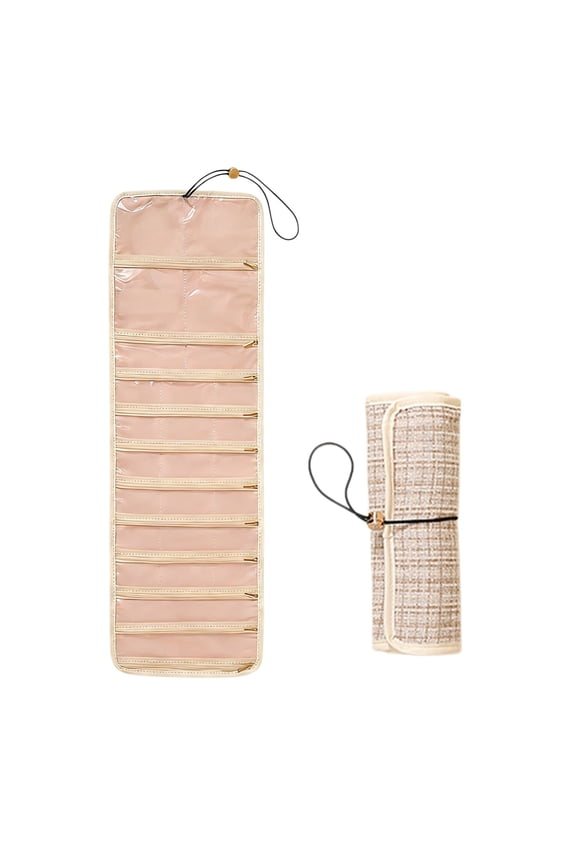 Beige Jewelry Storage Bag Large Capacity Roll-Up Hanging Organizer With Zippered Pockets Earring Slots Travel Jewelry Pouch For Earrings Necklaces Bracelets Beige Plaid