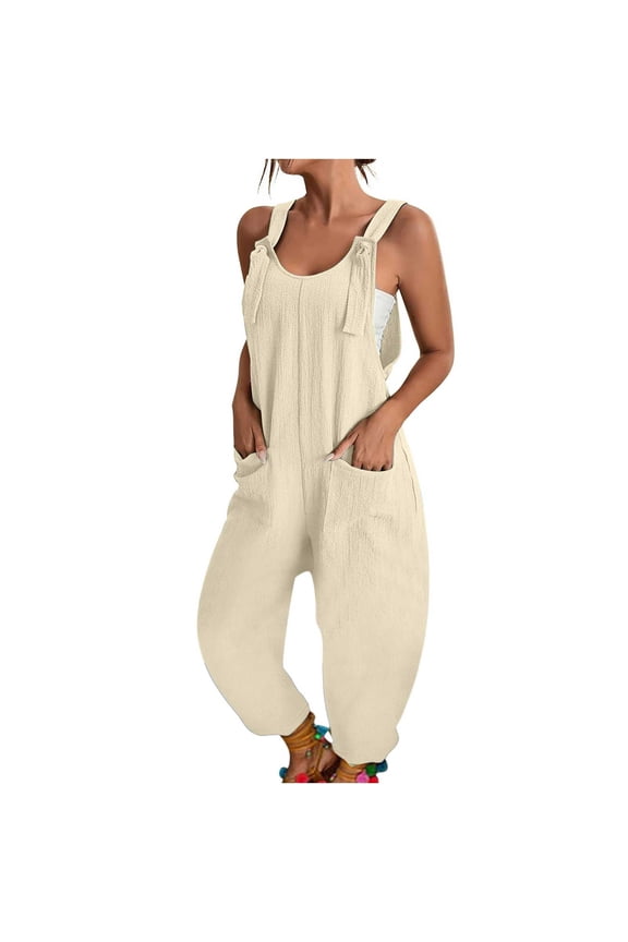 Beige Jumpsuits for Women Casual Women Casual U Neck Sleeveless Jumpsuits Spaghetti Strap Baggy Overalls Pants with Pocket Woman Pants Clearance