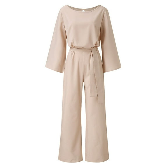 Beige Jumpsuits for Women Casual Women Long Sleeve Playsuit Clubwear Straight Leg Jumpsuit with Belt Overalls for Women