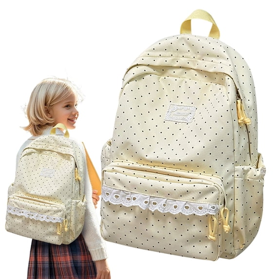 Beige Kawaii Polka Dot Backpack Ivory Star Aesthetic Rucksack Cute Bear Charm Travel Daypack Lightweight Nylon Backpack Laptop Bag