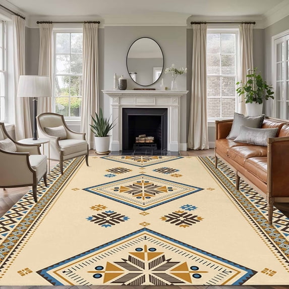Beige Khaki Boho Area Rugs 8'x10', Washable Small Throw Rugs for Living Room Patio, Vintage Ethnic Tribe Abstract Art Retro Indoor Outdoor Rug Non-Slip Low Pile Carpet Runner Reversible Floor Mats