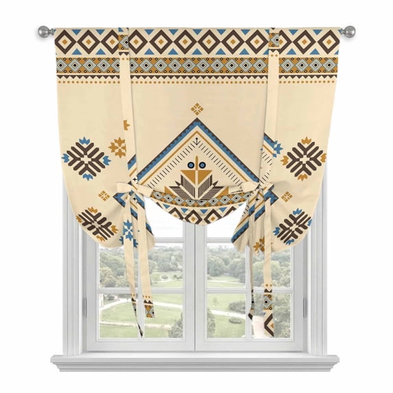 Beige Khaki Boho Balloon Curtains for Bedroom/Front Door/Bathroom, Vintage Ethnic Tribe Abstract Art Retro Tie Up Curtains 63 Inch Length Light Filtering Kitchen Curtains Shades for Windows 46"x63"