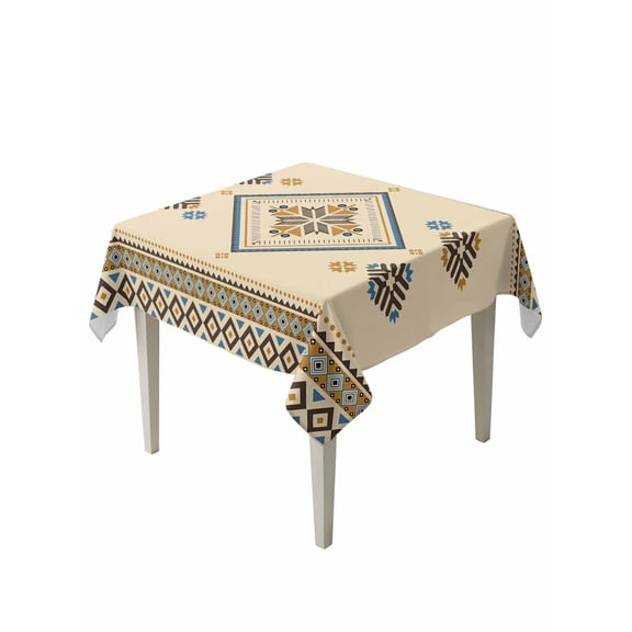 Beige Khaki Boho Table Cloth, Waterproof Tablecloth for Square Tables, Vintage Ethnic Tribe Abstract Art Retro Reusable Washable Fabric Table Cover for Restaurant Kitchen Dining Tables 54"x54"