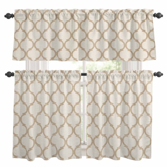Beige Khaki Plaid Kitchen Curtains Valances and Tiers Set of 3 Retro Country Moroccan National Geometrical Plaid Tier Curtains and Valance with Rod Pocket for Small Windows, 27.5"x24"