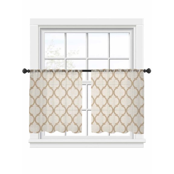 Beige Khaki Plaid Sheer Curtains 2 Panels Set Retro Country Moroccan National Geometrical Plaid Sheer Window Curtains Light Filtering Rod Pocket Voile Drapes for Bedroom Living Room 52"x54"