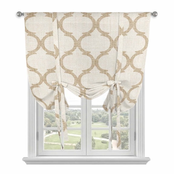 Beige Khaki Plaid Tie Up Curtain for Window, Retro Country Moroccan National Geometrical Plaid Adjustable Tie Up Balloon Curtain Valances Rod Pocket Window Treatment for Kitchen Bedroom 42"x45"