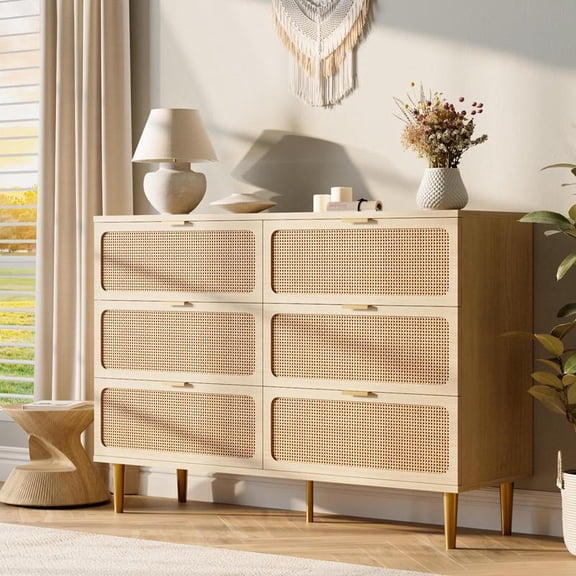 Beige/Khaki Rattan 6 Drawer Dresser for Bedroom with Wide Top, Large Double Dresser for Closet with Deep Drawers, Wooden Chest of Drawer for Living Room, Entryway, Hallway, Kids Room