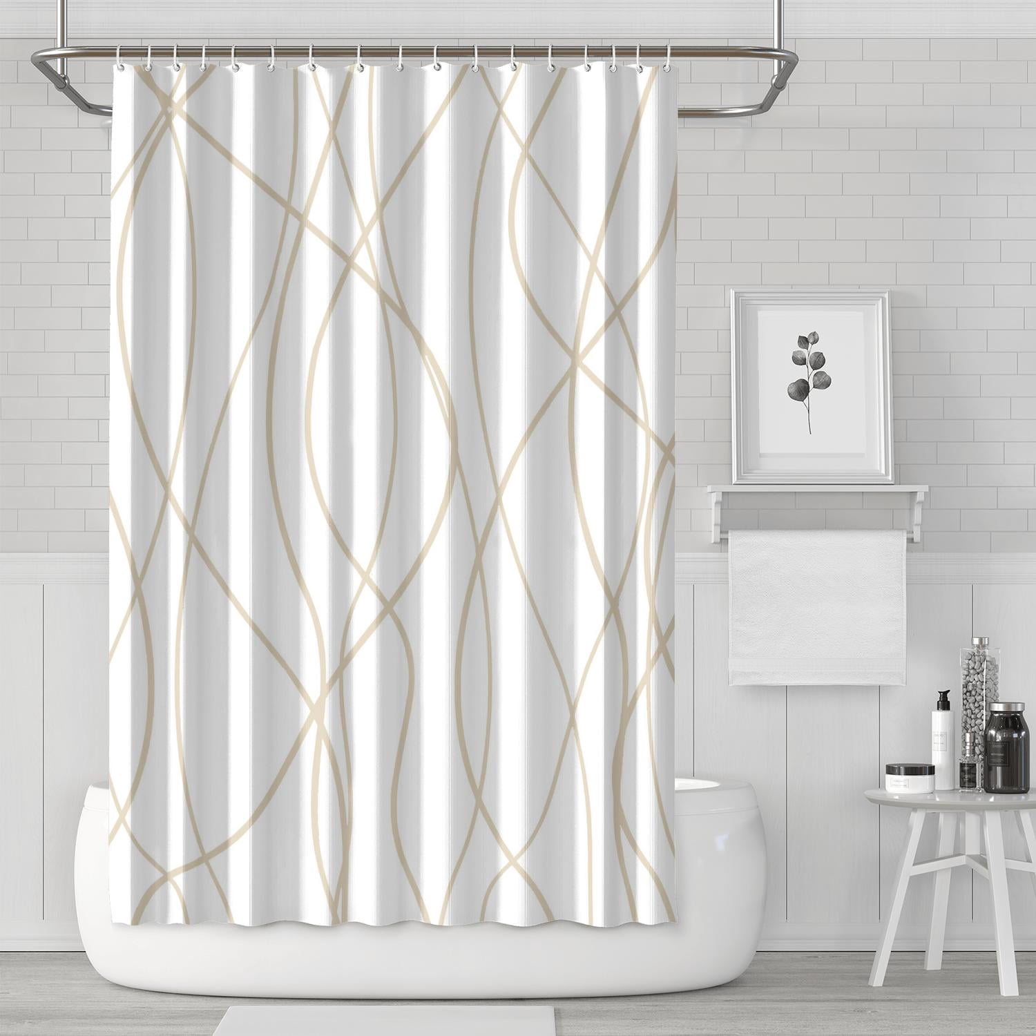 Beige Khaki Shower Curtain for Bathroom with Hooks, Extra Long Shower Curtain Set Stripe Bath Curtains Decorative White Shower Curtains Water Repellent Washable, 72x72