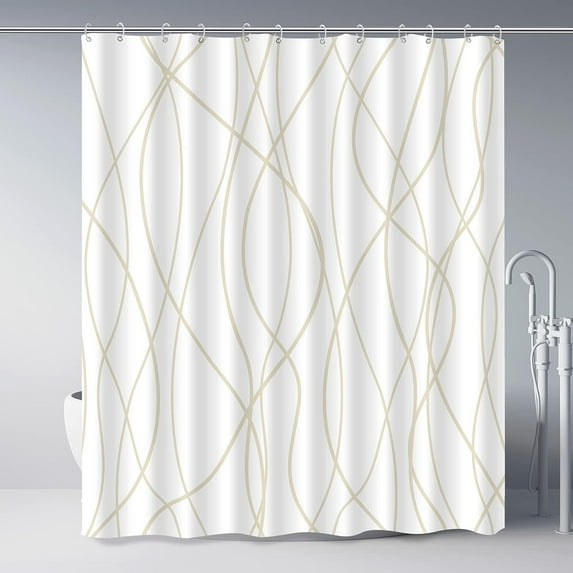 Beige Khaki Shower Curtain for Bathroom with Hooks, Extra Long Shower Curtain Set Stripe Bath Curtains Decorative White Shower Curtains Weighted Hem Water Repellent Washable, 72x72