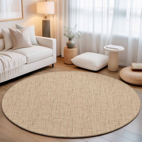 Beige Khaki Solid Round Rug 4Ft Minimalist Cloth Oatmeal Linen Texture Circle Area Rugs Washable Non Slip Indoor Floor Mats Carpet for Living Room Bedroom Dining Room Home Decor