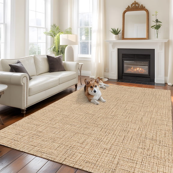 Beige Khaki Solid Washable Area Rug 6x9 Minimalist Cloth Oatmeal Linen Texture Low-Profile Large Area Rugs with Non Slip Backing Indoor Floor Carpet for Entrance Living Room Bedroom Home Office