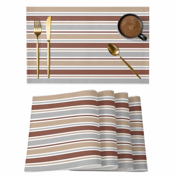 Beige Khaki Striped Placemats Set of 6, Farmhouse Stripes Modern Abstract Art Placemats for Dining Table, Place Mats for Kitchen Tabletop, Waterproof Wipeable Dining Table Mats Set