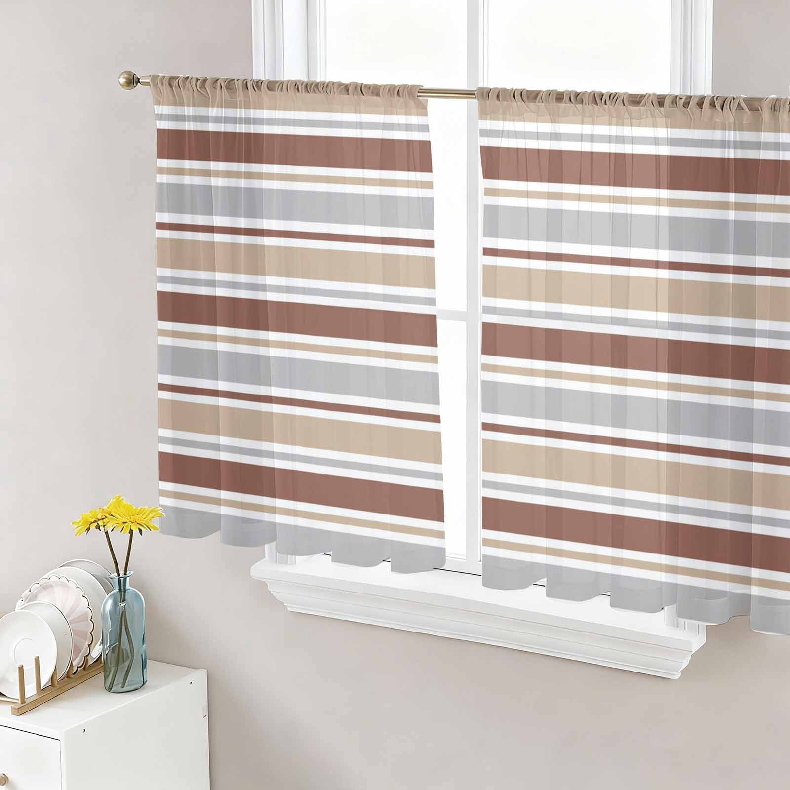 Beige Khaki Striped Sheer Curtains 45 Inch Length 2 Panels Set Window ...