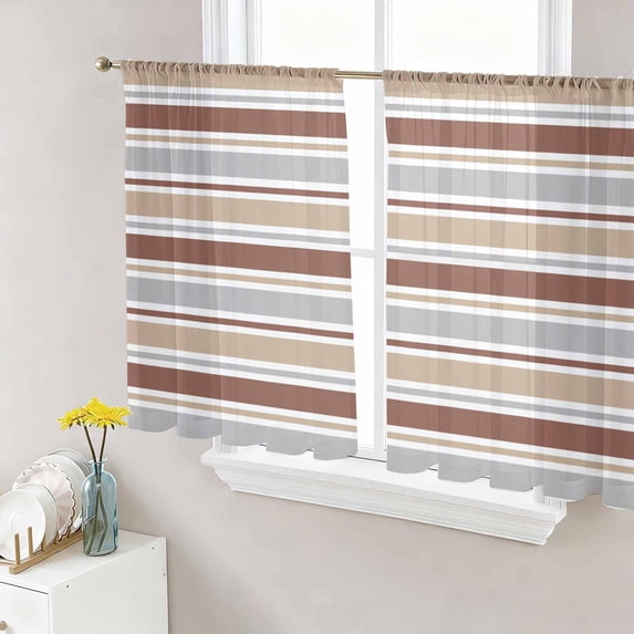 Beige Khaki Striped Sheer Curtains 54 Inch Length 2 Panels Set Window Treatments, Farmhouse Stripes Modern Abstract Art Rod Pocket Semi Curtains for Living Room/Bedroom/Kitchen Décor, 104"W x 54"L