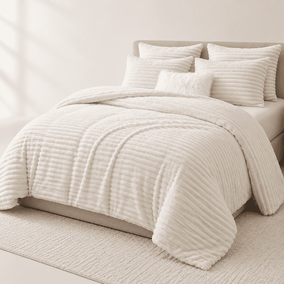 Beige King Size 3-Piece Fleece Winter Warm Bedding Comforter Set