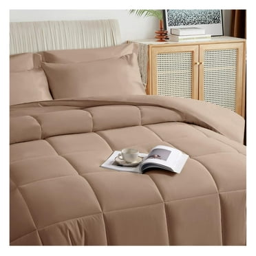 Beige King Size Comforter Set - 7 Pieces, Bed in a Bag Bedding Sets with All Season Soft Quilted Warm Fluffy Reversible Comforter,Flat Sheet,Fitted Sheet,2 Pillow Shams,2 Pillowcases