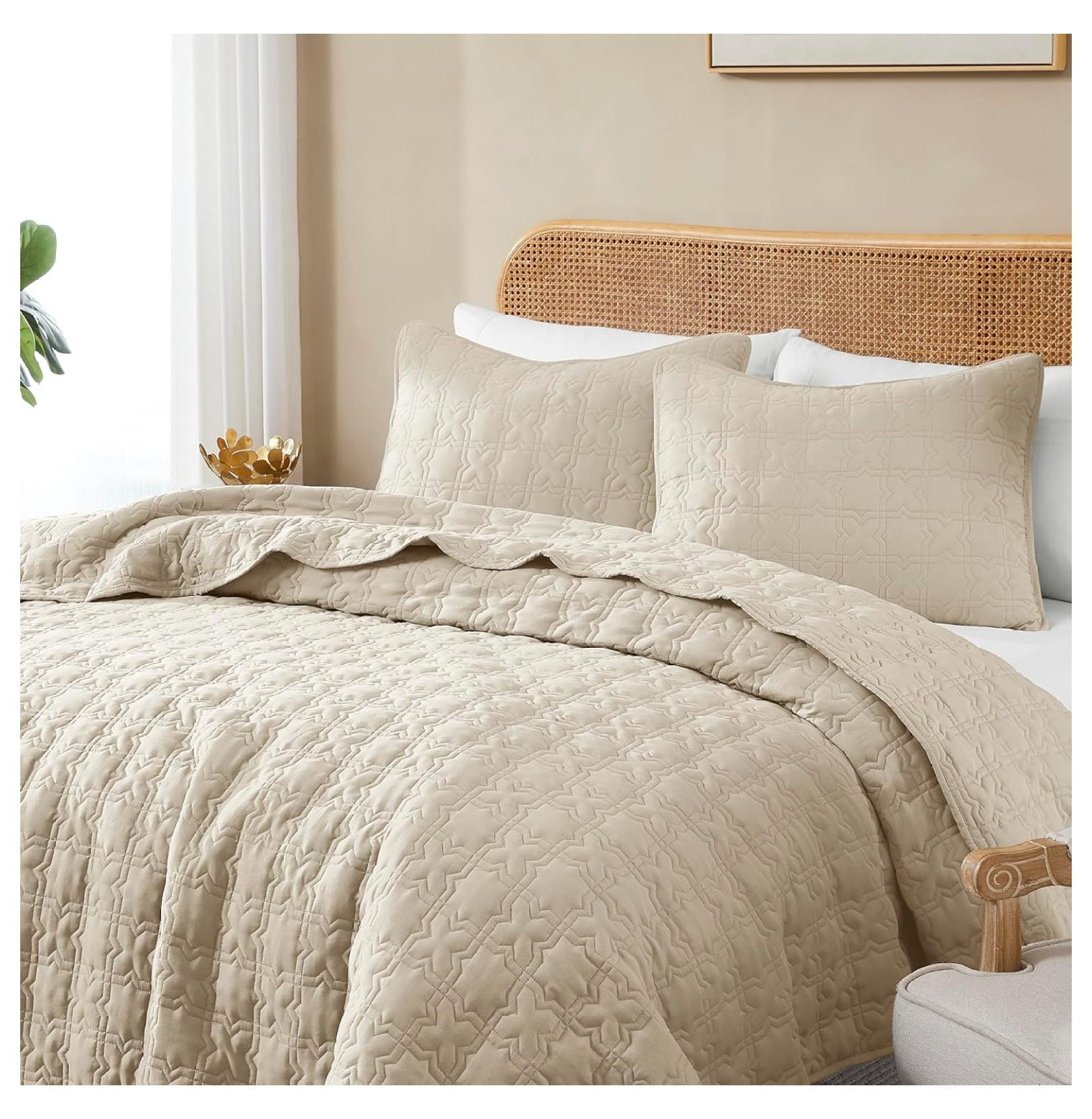 Beige King Size Quilt Bedding Set with Pillow Sham, Tan Ultra Soft