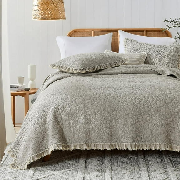 Beige King Size Ruffled Quilt with Crinkled Stone-Washed Microfiber Texture Reversible Bedspread