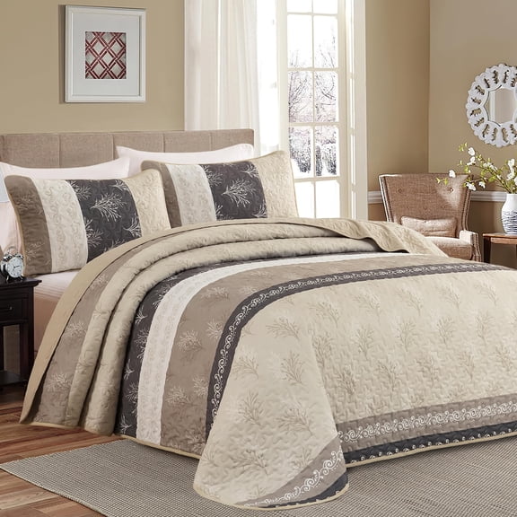 Beige King Size Striped Branch Pattern Quilted Bedding Set 3 Pieces All Season Bed Cover