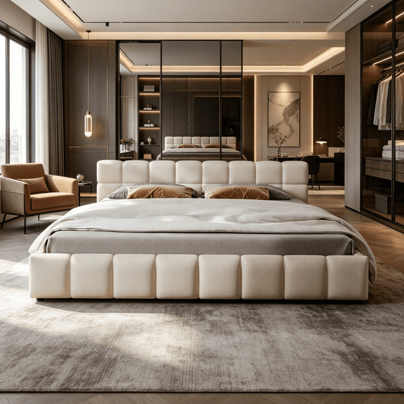 Beige King Size Upholstered Bed with Checkerboard Headboard, Chenille Fabric Platform Bed Frame for Master Bedroom