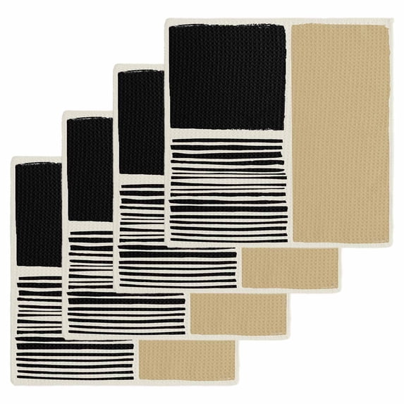 Beige Kitchen Dish Towels for Drying Dishes Set of 4, Modern Abstract Art Farmhouse Striped Waffle Weave Microfiber Hand Tea Bathroom Towels Quick Dry & Absorbent Towel 12x12