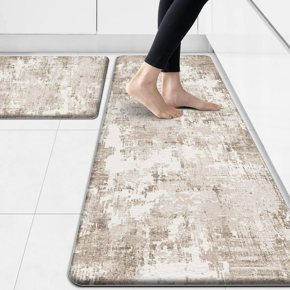 Beige Kitchen Rugs Set of 2 Kitchen Mat Cushioned Anti Fatigue Non Skid Waterproof Kitchen Runner Rug Memory Foam Comfort Standing Mats for Kitchen, Office, Sink, Laundry