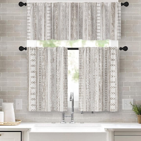 Beige Kitchen Window Curtains Valance and Tier Set 36 Inch, Boho Aztec Geometric Striped Beige 3 Piece Set Short Curtains, Window Treatment Tiers for Living Room Bedroom