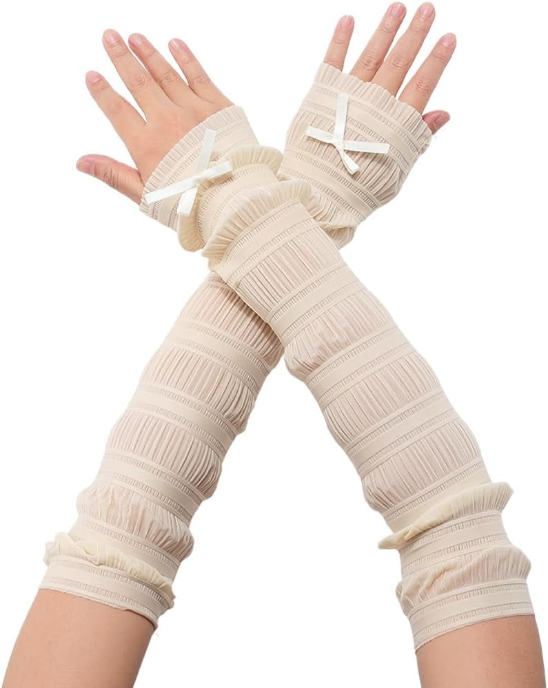 Beige Knot Ruffle Arm Leg Cover Sleeves Lace Summer Sun UV Protection ...