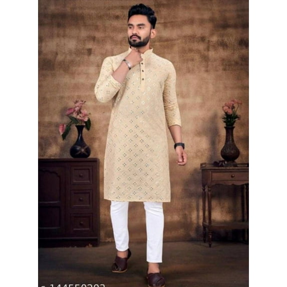 Beige Kurta Sherwani 100% Pure Georgette Mirror Work Embroidered Kurta Pajama For Men Chikankari Kurta Pajama For Made To Order