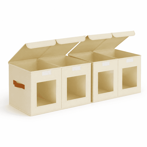 Beige L(2-Pack) Large Collapsible Divided Fabric Clothes Storage Chest with Lids and Windows