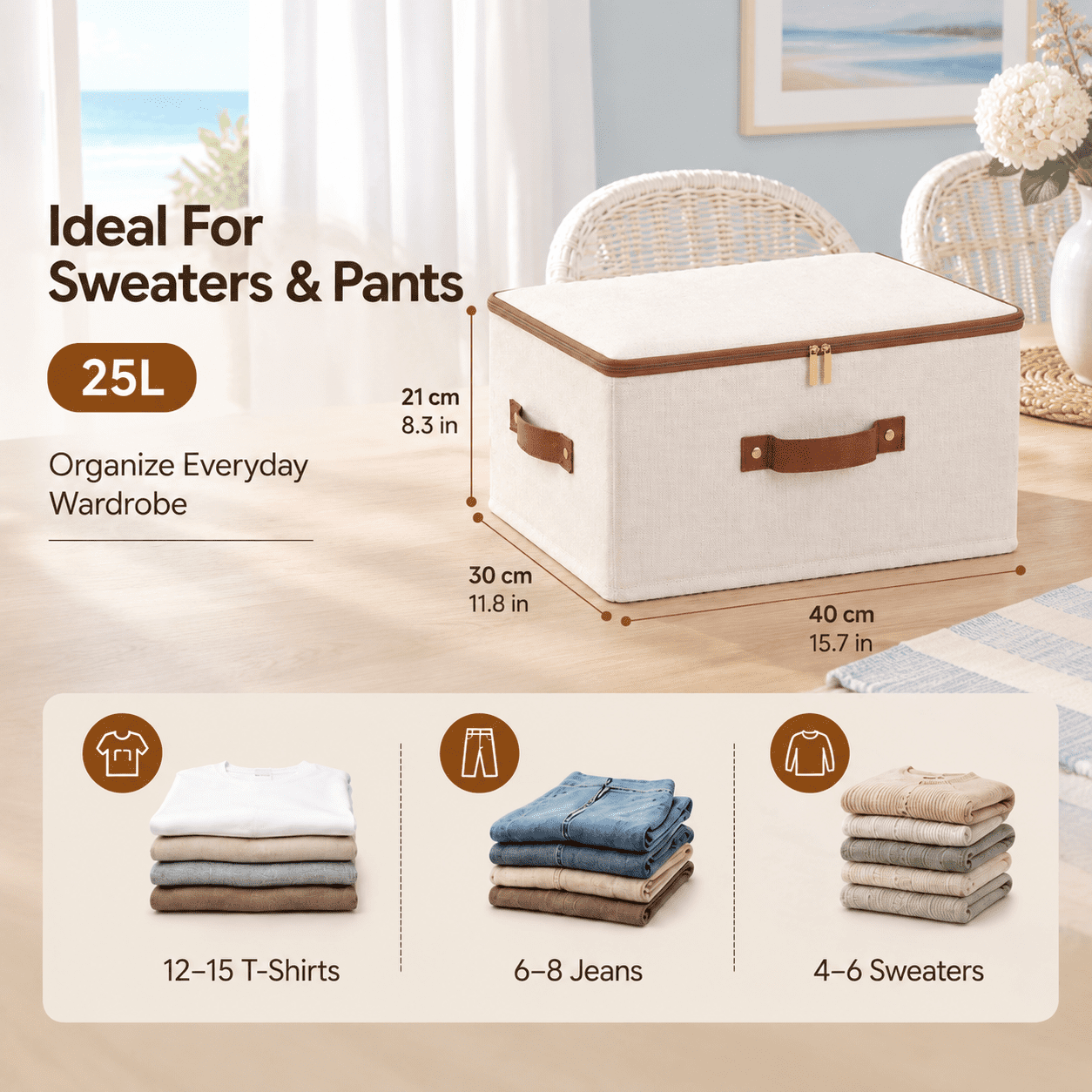 Cubing Language Beige L-25L Cotton Linen Foldable Storage Cube with Zipper Lid for ...