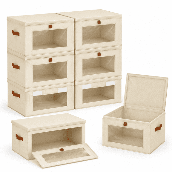 Beige L(6-Pack) Front Opening Closet Organizer Storage Bins with Lids