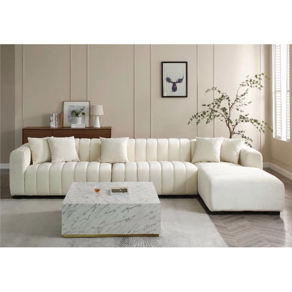 Beige L-Shape Sectional Sofa Featuring Deep Tufted Velvet and Right Chaise Modular Construction