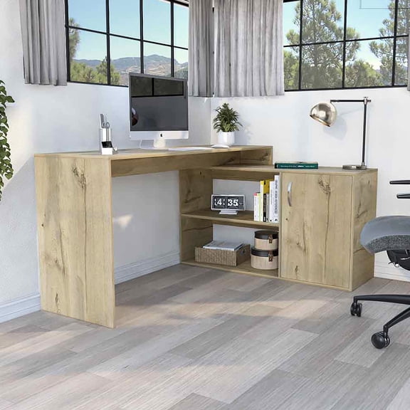 Beige L-Shaped Computer Desk with Open and Closed Storage for Office Work