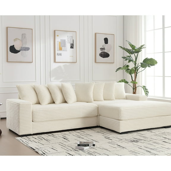 Beige L Shaped Couch With Right Chaise, Stunning Corduroy Upholstery, , 8 Pillows, Easy To Assemble, Living Area Oversized Two Couches, L-shaped Simple Assembly,