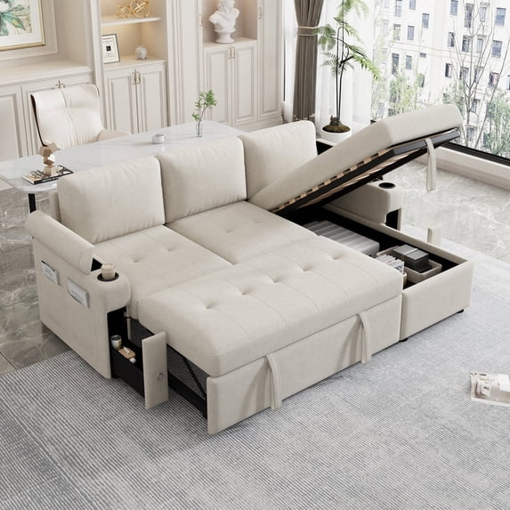 Beige L-Shaped Sectional Sofa with Storage, Reversible Chaise Lounge ...