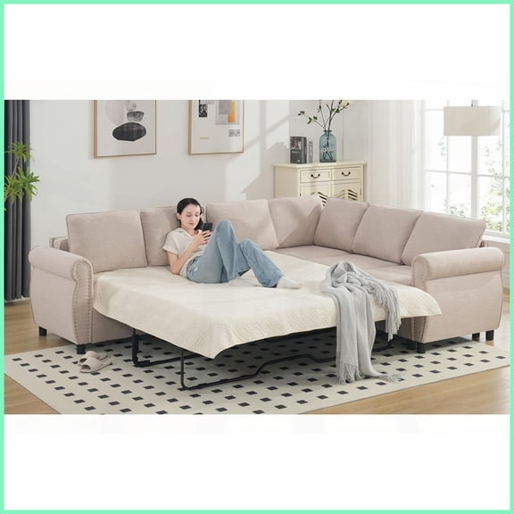 Beige L-Shaped Sleeper Sectional Sofa Bed - 6-Seater Polyester Upholstered Couch with Pull-Out Bed for Living Room, Sturdy Wood & Iron Frame