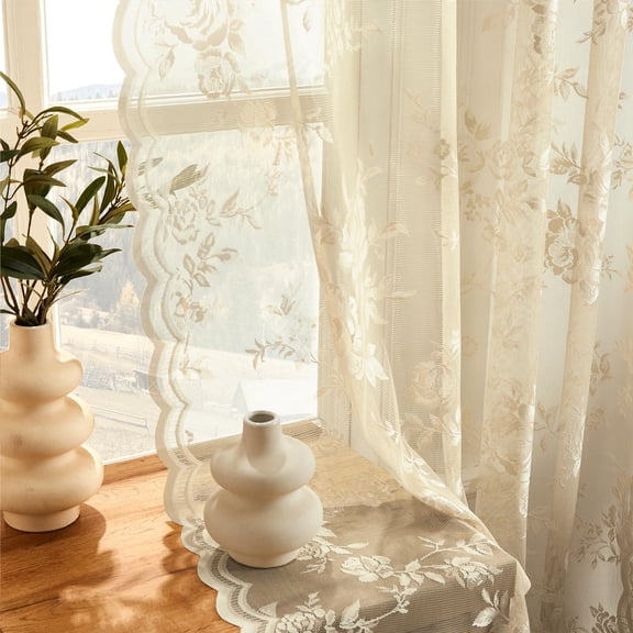 Beige Lace Curta45 Inch Length Country Flfor Living Room Bedroom Victorian Flower Sheer Curtain 2 Panels Set Rod Pocket Light Filtering Short Small Window Drapes Rustic Decor 52x45