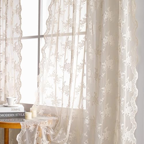 Beige Lace Curtains 63 Inch Length 2 Panels Set Vintage Victorian French Elegant Boho Scalloped Light Filtering Girls Room Drapes with Back Tab Rod Pocket, 50" Wide Each Panel, Oatmeal