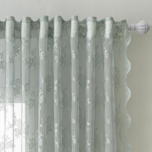 Beige Lace Curtains 63 Inch Length 2 Panels Set Vintage Victorian French Elegant Boho Scalloped Light Filtering Girls Room Drapes with Back Tab Rod Pocket, 50" Wide Each Panel, Oatmeal