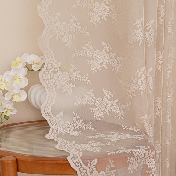 Beige Lace Curtains 84 Inches Long, Lace Sheer Curtains for Bed Room, Floral Vintage Light Filtering Short Curtains for Girls Room Princess Room, Lace Drapes 2 Panels, Each Panel 50W x 84L