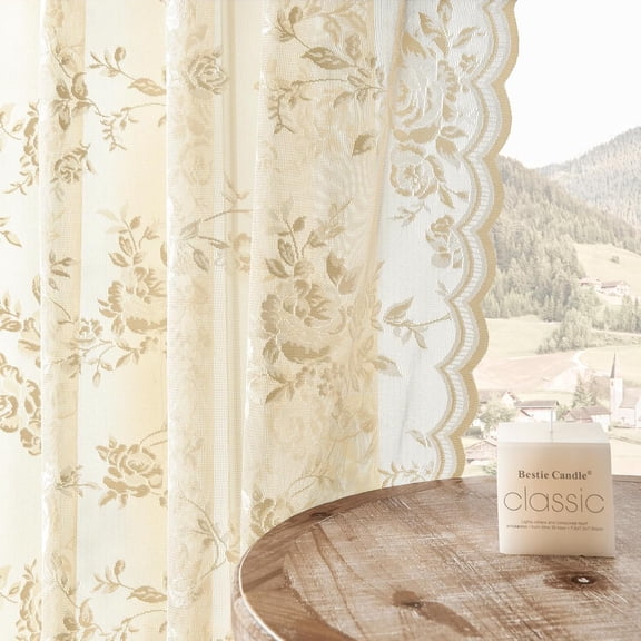 Beige Lace Curtains 84 Inches Long Victorian Floral Sheer for Living Room Bedroom Decor Drapes Rod Pocket Light Filtering French Window 2 Panels Set Dining Room, 52x84