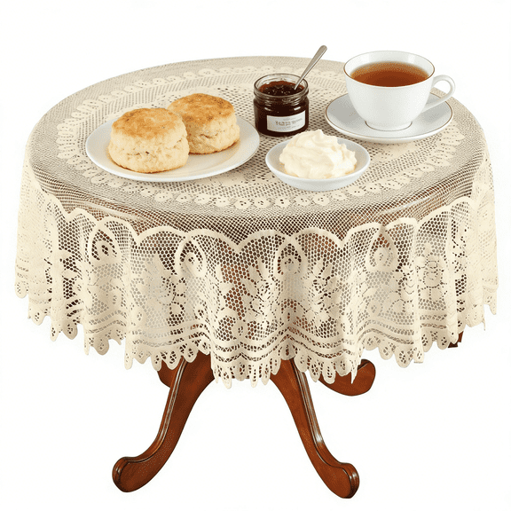 70 inch Beige Lace Round Tablecloth - Washable Jacquard Cover for Wedding, Party and Home Decor