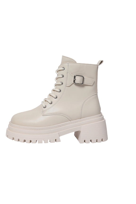 Beige Ladies British Style Lace Up Ankle Boots Round Toe Thick Sole Chunky Heel Solid Color Casual Comfortable Mid Heel Booties