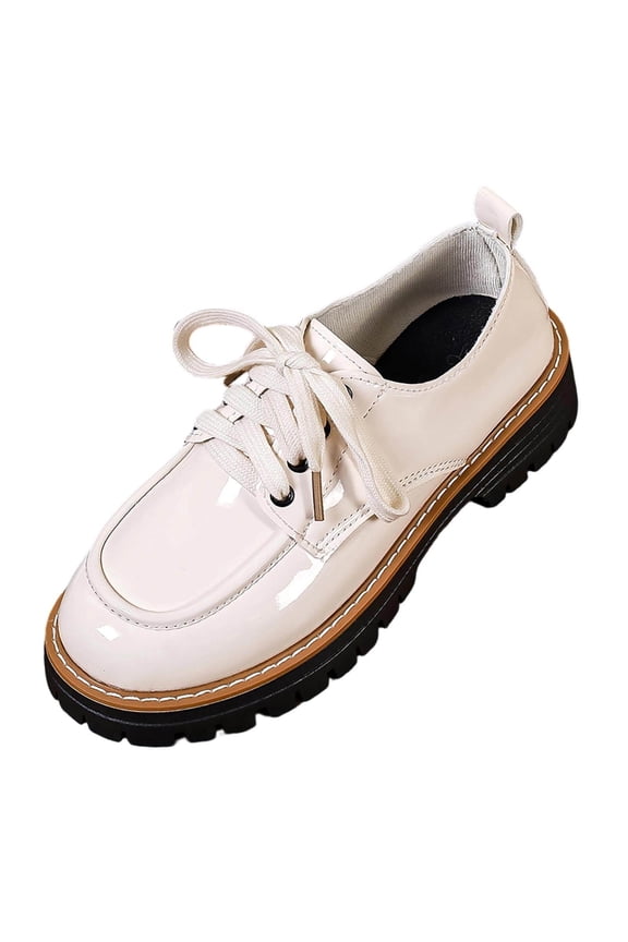 Beige Ladies Casual British Style Lace-Up Footwear With Round Toe Design Comfortable For Everyday Versatile Use