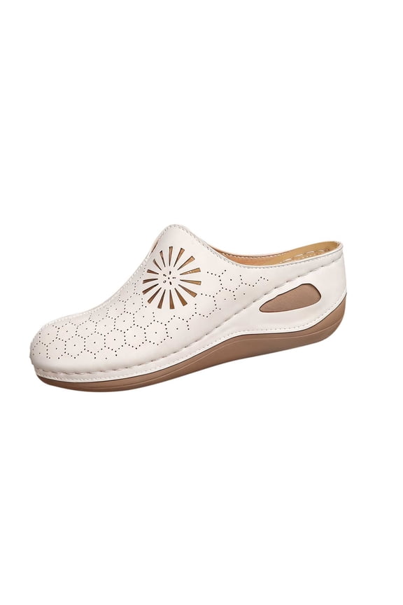 Beige Ladies Casual Hollow Half Slippers Round Toe Design Thick Bottom Wedge Heels Pu