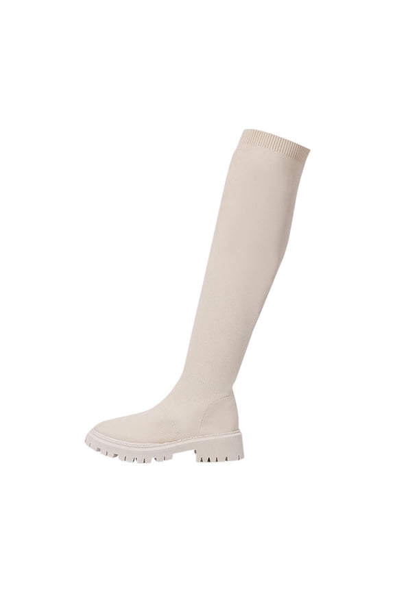Beige Ladies Casual Mesh Elastic Boots Featuring Round Toe And Chunky Low Heel For Winter Stretch Comfort